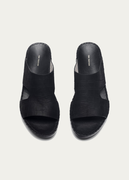 CROC PRINT LEATHER SANDALS-CROC PRINT NUBUCK SERIES-MATTE BLACK