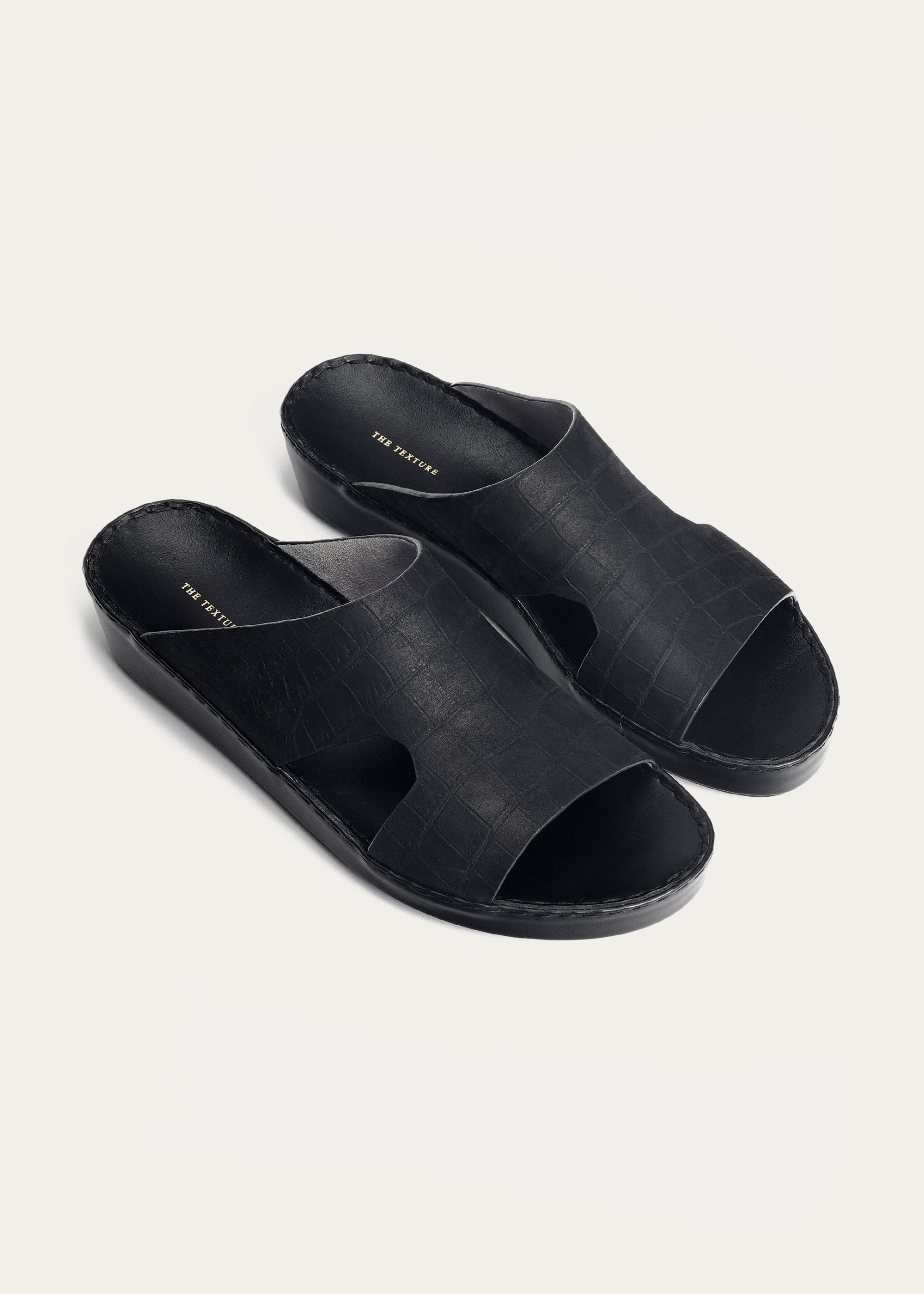 CROC PRINT LEATHER SANDALS-CROC PRINT NUBUCK SERIES-MATTE BLACK